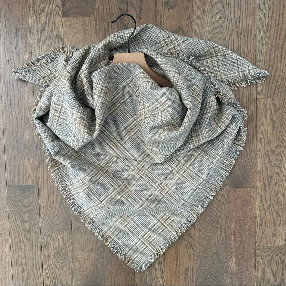 Eskandar Wool Oversized Plaid Fringed Scarf in Cream, Grey, Tan 47